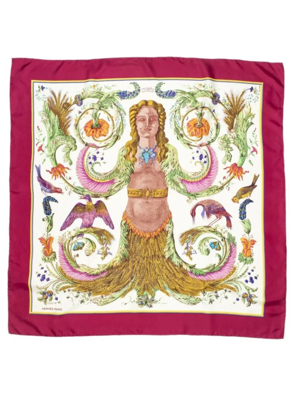 Hermes Scarf Fuchsia Green Ivory 100% Twill Silk